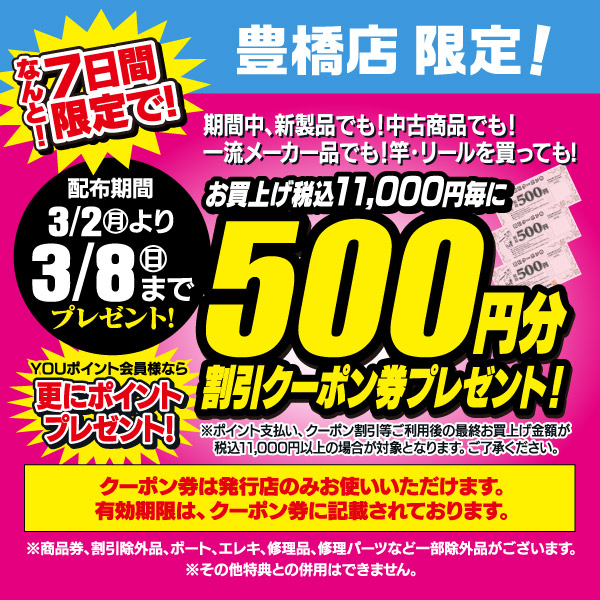 豊橋店限定！3/2(月)～3/8(日)まで、お買い上げ税込11,000円毎に「500円分割引クーポン券」プレゼント！
